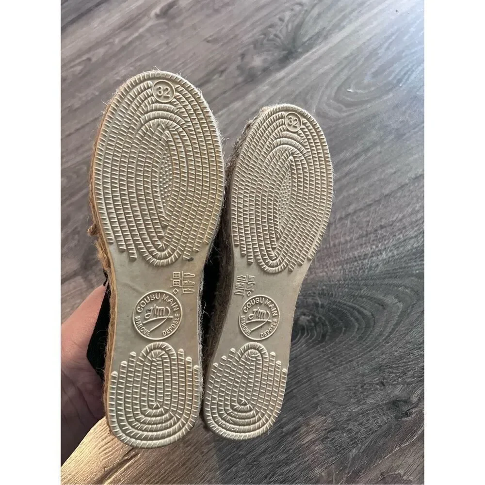 Cousu Main Kids Flat Slip On Canvas Espadrilles Black